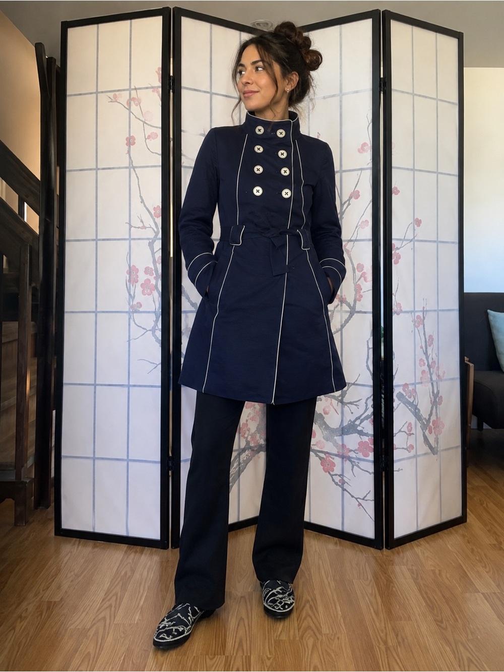 Merona Navy Double-Breasted Women's Trench Coat with Contrast Piping Stand Up
